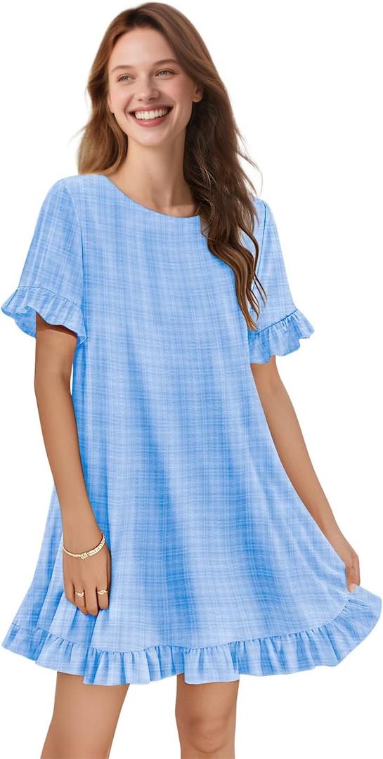 YESNO Summer Dresses for Women 2025 Floral Boho Ruffle Short Sleeve Sundresses Casual Shift Dress ESA (Blue, L)