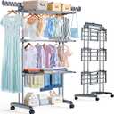 PurKeep 𝐔𝐩𝐠𝐫𝐚𝐝𝐞 Clothes Drying Rack with Wheels, 4 Tier Folding Drying Rack, Heavy Duty Laundry Drying Rack with Expandable Side Wings, Indoor Outdoor Clothes Air Drying Rack for Large Family