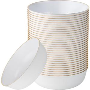 [30 Pack 16 OZ Bowls] Edge Collection White with Gold Rim Plastic Party Soup Bowls Premium heavyweight Elegant Disposable Tableware Dishes