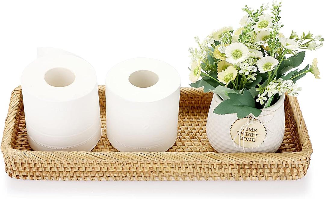 Sumnacon 16 Inch Rattan Bathroom Vanity Tray - Decorative Wicker Toilet Tank Tray for Paper Hand Towel, Vintage Storage Basket Bin for Bathroom Kitchen Toilet Tank Vanity Countertop Table Shelf (Yellow)