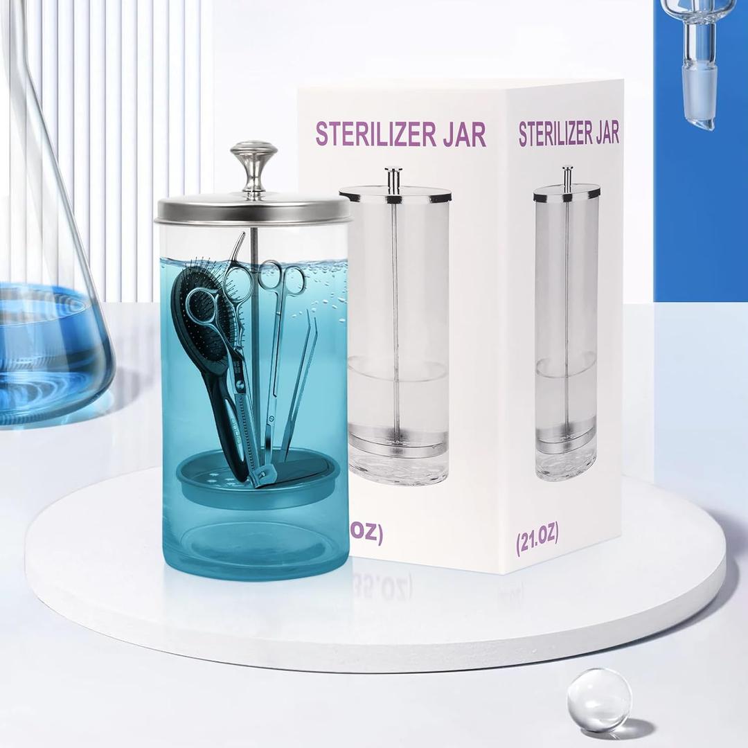 Barber Jar,21OZ Glass Sterilizer Barber Cleaning Jar with Removable Basket Sanitizing Container for Sterilizing Nail Tool,Barber Supplies,Hair Salon(750ML)