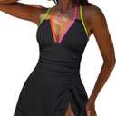 popvil One Piece Swimsuit Women Tummy Control Swim Dress Suits for Women 2025 Sexy Tie Back Bathing Suit Skirt (Large, Black)