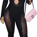Womens Sexy Off Shoulder Leopard Mesh Jumpsuit Rhinestone Cutout One Piece Lace Bodysuit Nightclub Party Outfits (Black, XL)