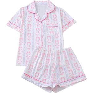 WDIRARA Women's 2 Piece Bow Cherry Print Pajama Set Short Sleeve Button Down Shorts Sleepwear Pjs (Pink, XL)