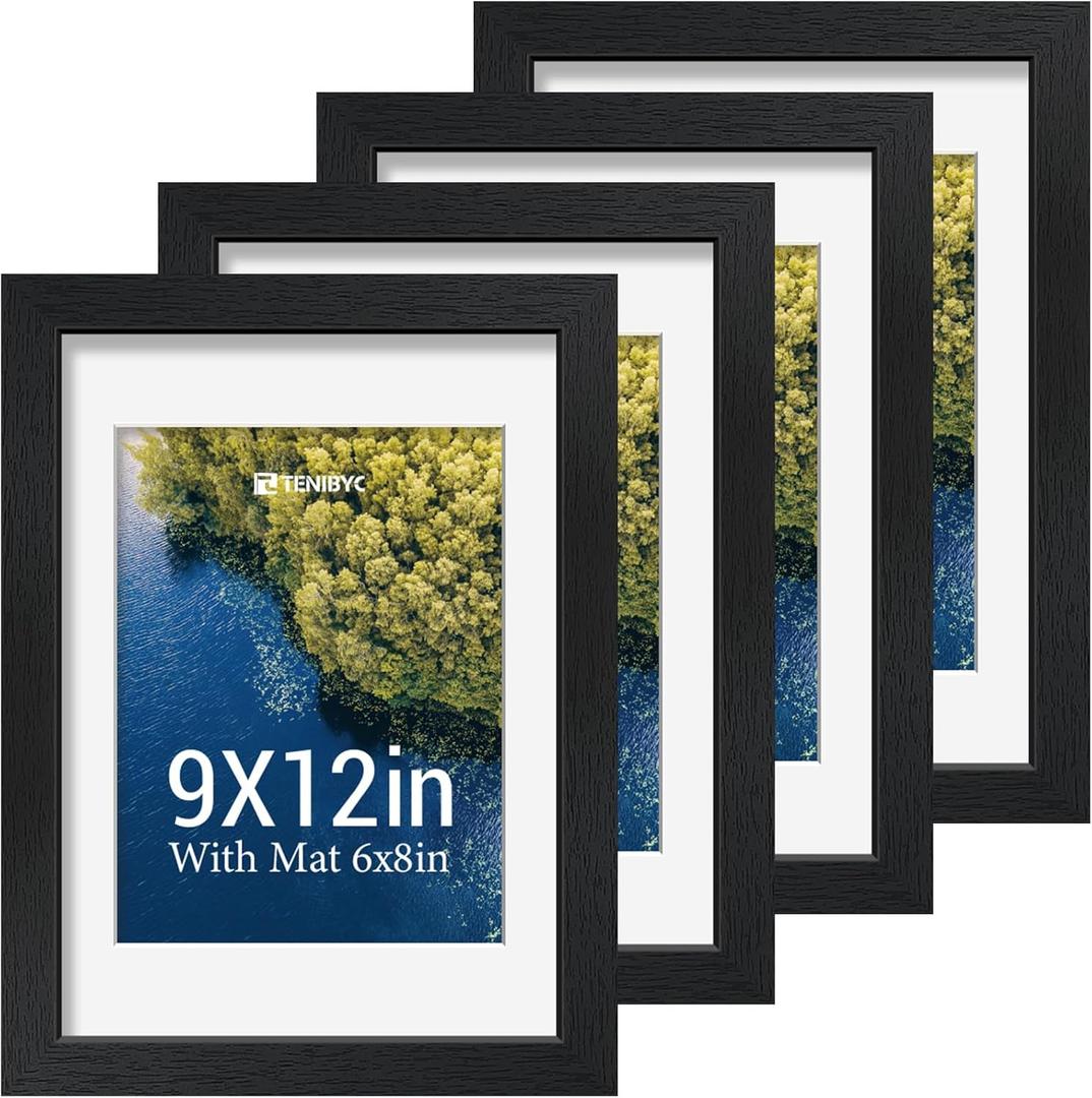 9x12 Picture Frame Set - 4 Pack, Black Wood Photo Frames - Tempered Glass - Displays Photos 6x8 with Mat or 9 x 12 without - Room, Office, Gallery, Studio, and Hallway Decor - Wall Hanging