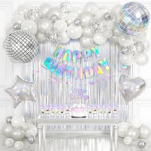 Disco Party Decorations, Iridescent Happy Birthday Star Hanging Banner Cake Topper, Disco Ball Heart Foil Balloons Silver White Confetti Balloon Fringe Curtain for Groovy Birthday Party Decoration