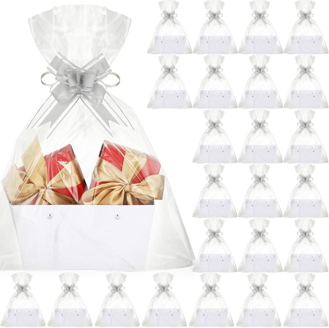 PerKoop 24 Pack Baskets for Gifts Bulk DIY Empty Gift Basket with Handles Kraft Cardboard Tray 24 Bags 24 Bows for Bridal Shower Graduation Wedding Birthday, 6. 5 x 9. 8 Inch(White)