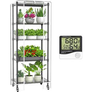 Mini 5-Tier Greenhouse for Indoor Outdoor, 23.2" L13.4" W61.4" H Portable Greenhouse with Clear PVC Cover and Metal Shelf for Growing Vegetables, Flowers and Seedlings, with Wheels