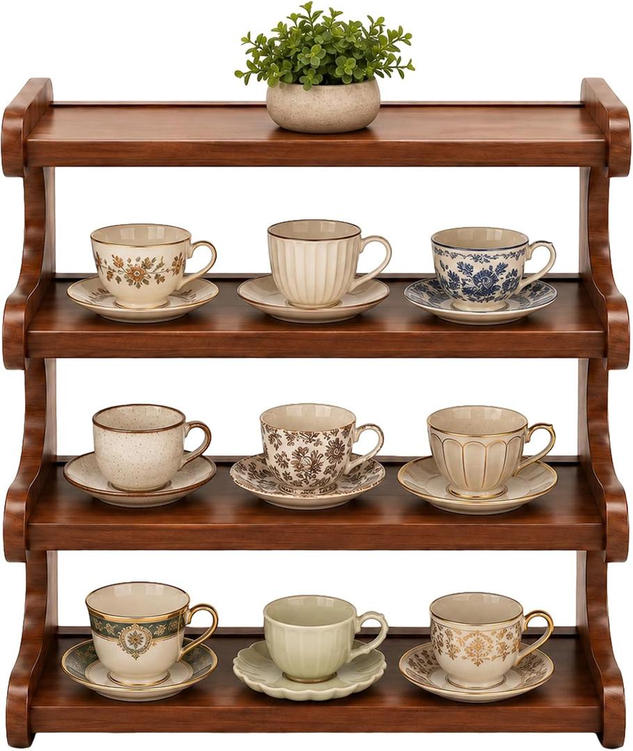4-Tier Wooden Mug Display Holder, Space-Saving Countertop Cup Organizer Rack, 19.7 x 7.9 x 20.5 in Solid Wood Desk Shelf for Home Office Kitchen Coffee Station