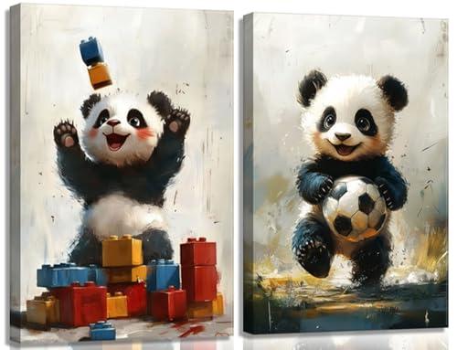 2Pcs Cute Panda Canvas Wall Art Nursery Baby Bear football Wall Decor Pictures Watercolor Animal Sports Painting Kids Room Posters Print for living Children Baby Bedroom Classroom Decoration