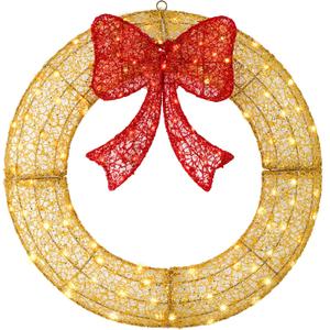 24" Pre-Lit Outdoor Christmas Wreath with 140 LED Lights and Bow, Lighted Metal Christmas Wreath Decoration with Timer Function for Xmas Home Wall Front Door Window Garage (Golden Red)
