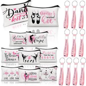 Kacctyen 20 Pcs Dance Gifts Bulk Dance Makeup Bag for Women Ballet Dancer Cosmetic Bag and Silicone Quote Keychains Stuff Class Prizes Party Favor Back to School Gift for Team