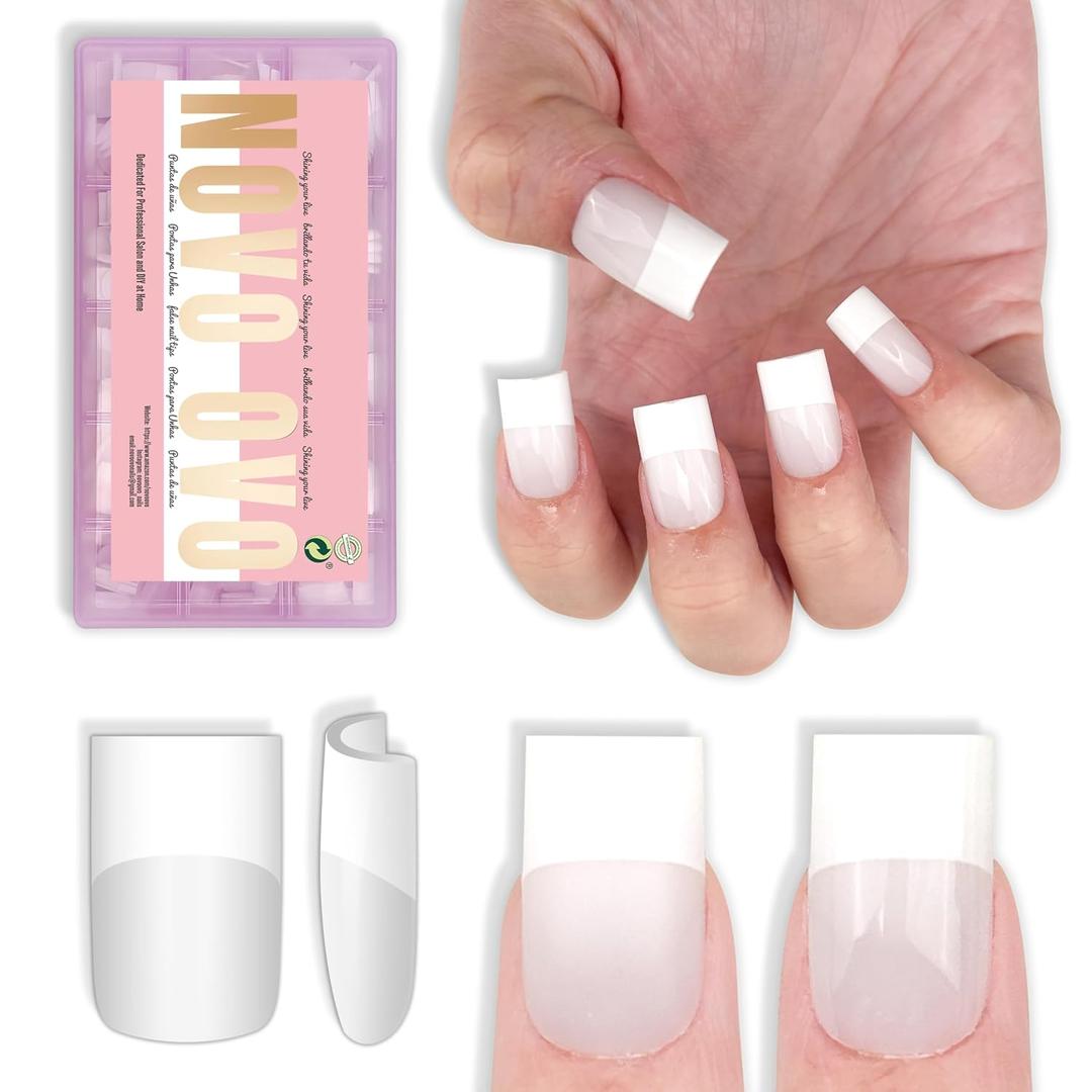 NOVO OVO Short Sharp Square Tip Nail Tips Press on Milky White, Thick Old School Wide White French NEED Builder Gel Top Coat Nail Glue, Soft Gel Full Cover Fake Nail Extension for DIY x 15 Size 240 pc