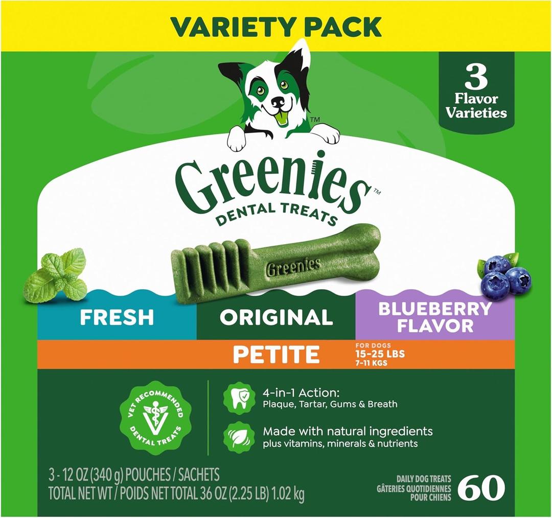 Greenies Veterinarian-Recommended Adult Natural Dental Dog Treats Petite Size, Variety Pack Flavor, (3) 12 oz. Packs, 60 Count (EXP 12/01/26)