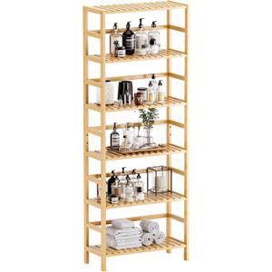 HITNET Bamboo Shelf, 6-Tier Adjustable Tall Open Bookcase, Bathroom Storage Rack Freestanding Shelving Unit, Plant Display Stand for Small Space, Natural