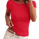 BTFBM Womens Summer Tops 2026 Ribbed T Shirts Crew Neck Short Sleeve Stretchy Ruched Slim Fit Workout Going Out Top(Red, XX-Large)