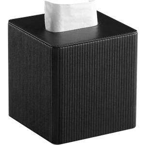 PU Leather Tissue Box Cover with Magnetic Closure, Modern Square Tissue Box Holder Decorative Organizer for Bathroom Vanity Countertop, Night Stands Bedroom Office Desk (Black)