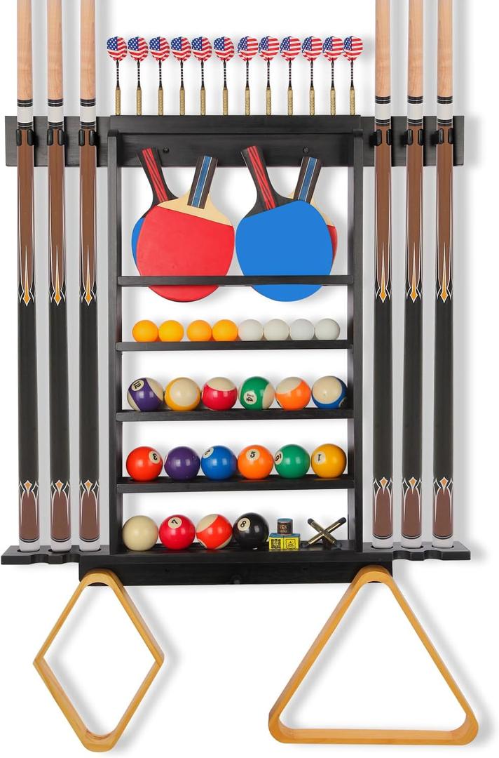 Pool Stick Holder Wall Mount, Pool Cue Rack, Ping Pong Paddle Holder, Dart Holder 3-IN-1,100% Solid Wood Billiard Cue Racks,12 Steel/Soft Tip Darts and Table Tennis Accessories for Man Cave Pool Stick Holder Wall Mount, Pool Cue Rack, Ping Pong Paddle Holder, Dart Holder 3-IN-1,100% Solid Wood Billiard Cue Racks,12 Steel/Soft Tip Darts and Table Tennis Accessories for Man Cave