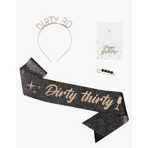 30th Birthday Decorations for Her, Dirty Thirty Sash & Headband & Pearl Pin & Birthday Card