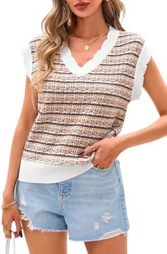 CFLONGE Vests for Women 2025 Trendy Sleeveless Striped Sweater Vest Crochet Knit Cropped Work Tank Top Outfits Y2K Clothes, M