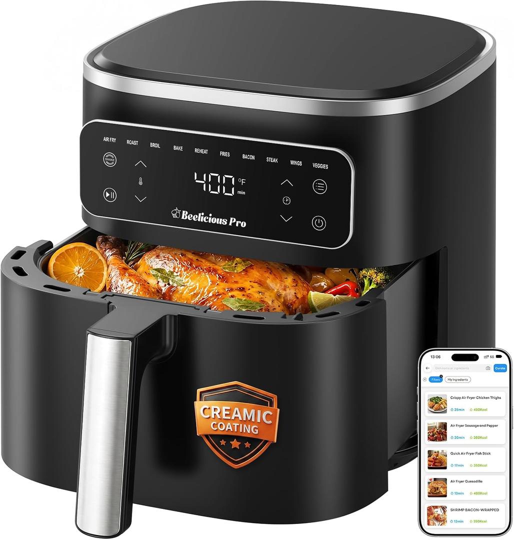 Beelicious Pro 10-in-1 MicroTemp Air Fryer 6.5QT, PFAS-Free Ceramic Coating Airfryers, Nonstick & Dishwasher Safe, AI-Powered E-Recipes, Shake Reminder, Compact, Digital Display, 14.96*14.96*12.2 inch