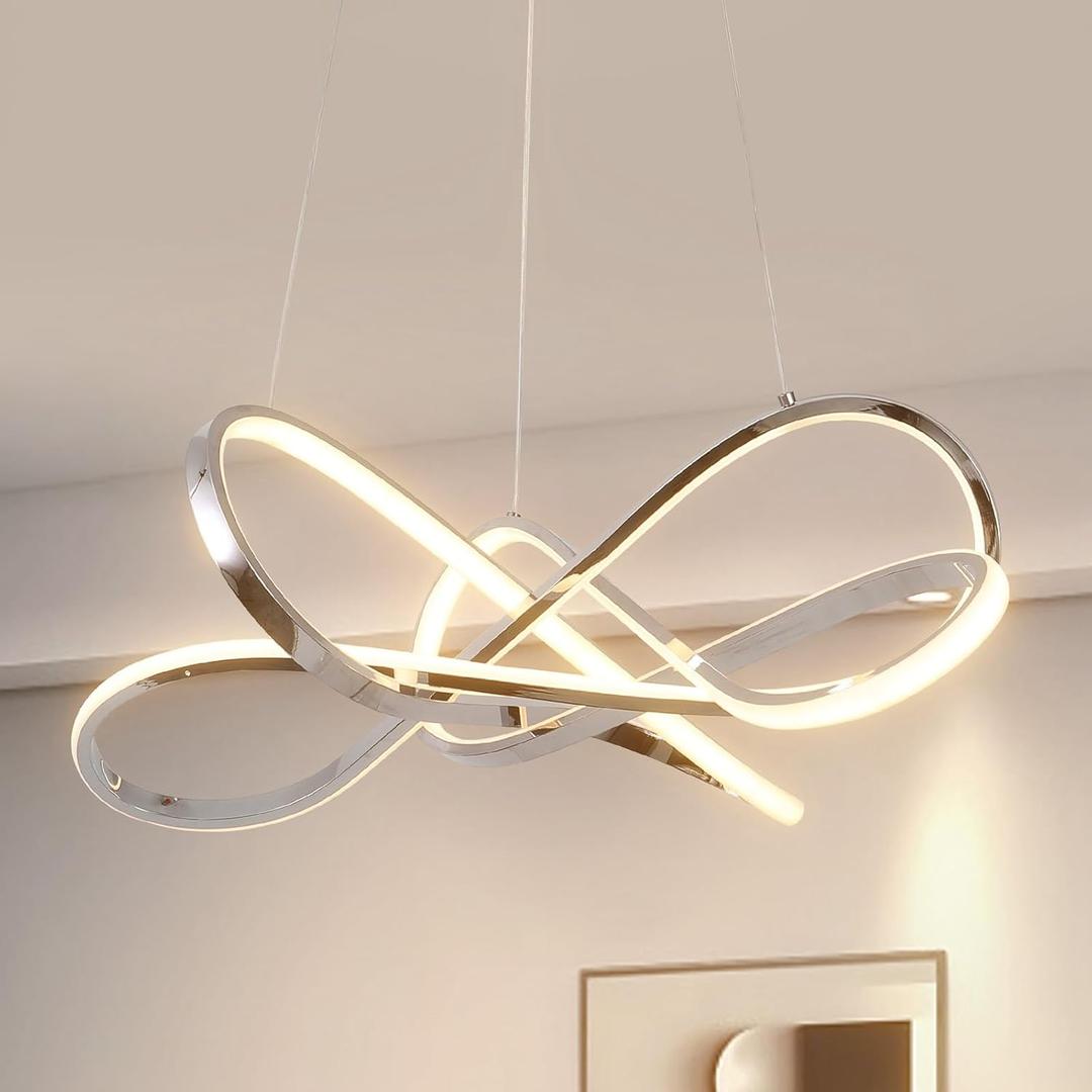 Modern Led Chandelier, Aluminum Chrome Plated Lighting Fixture, 3-Lights DIY Pendant Light, Smart Dimmable Chandelier with Remote and APP (26 inches 40W, Chrome Plated)