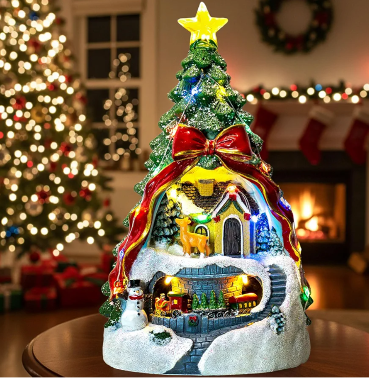 Animated Collection Figurines Musical Christmas Tree Spinning Train Deer Snowman with Rotating Train, Lighted Christmas Collection Figurines for Home Tabletop Decorations Ornaments Gifts