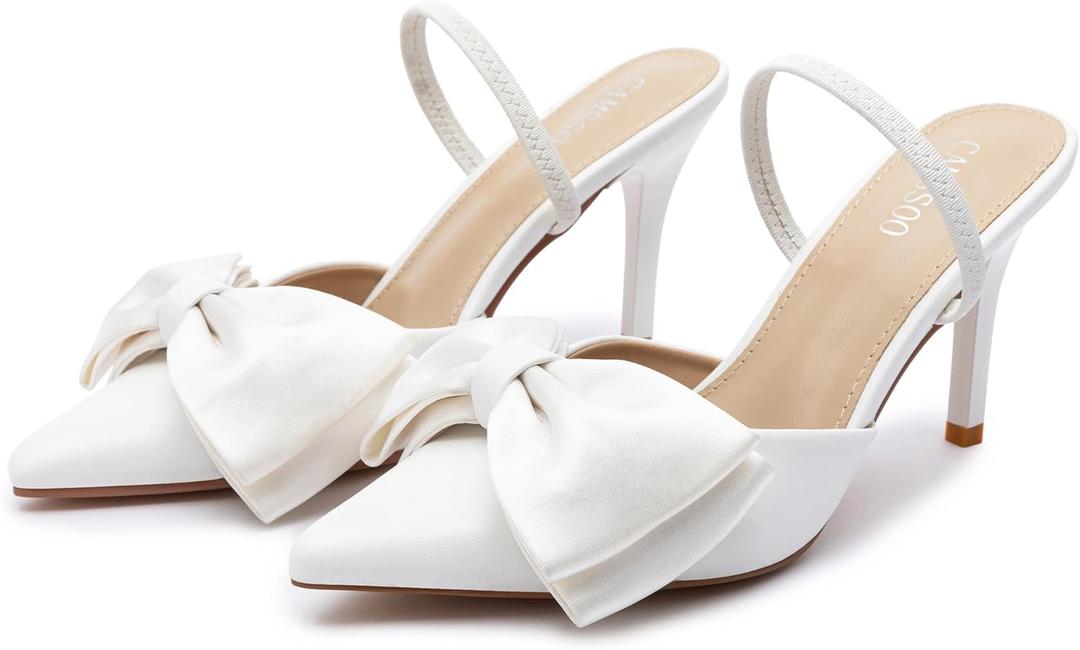 CAMSSOO Slingback Kitten Heels for Women Suede Stiletto High Heeled Mules Bow Pointed Toe Pumps Wedding Party Dress Shoes White Size 9