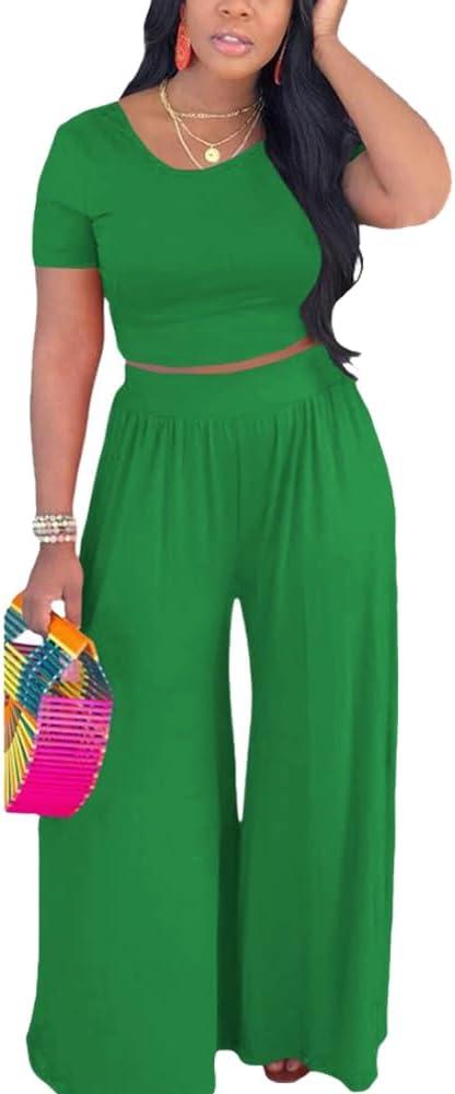 HBQ Two Piece Outfits For Women Casual Sweat Suits Backless Short Sleeve Crop Tops Wide Leg Pants Lounge Sets Tracksuit (Small, Green)