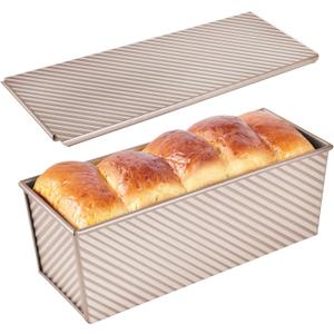 Bakeley Commercial Pullman Loaf Pan with Lid, 2.2Lb Dough Capacity Non-Stick Rectangle Corrugated Carbon Steel Bread Toast Mold with Cover for Baking Bread (Champagne Gold)