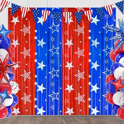4th of July Backdrop Decorations, 2 Pack Star Print Red Blue Streamers Tinsel Foil Fringe Curtains Photo Booth Props for Memorial Day, Independence Day, Patriotic, USA Party Decor Supplies