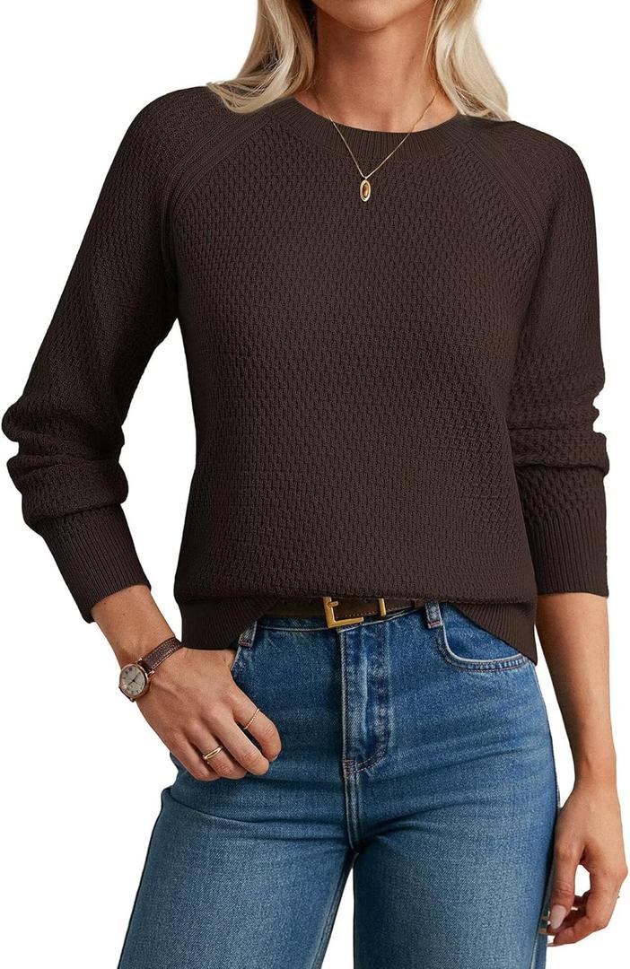 GRACE KARIN Women's Fall Knit Sweater Top, Long Sleeve Merino Wool Blend Pullover, Casual Crewneck Waffle Clothes 2025 (Brown, XL)