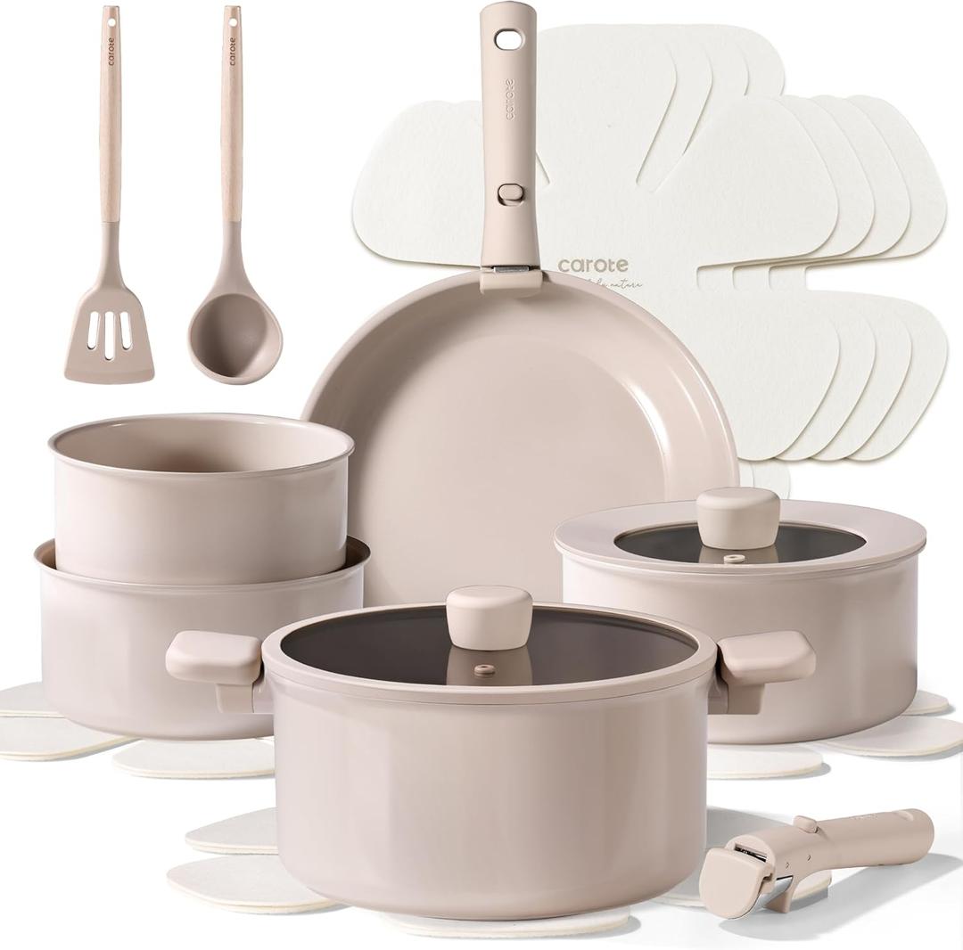 CAROTE 15pcs Ceramic Cookware Set, Pots and Pans Set Non Stick, Induction Kitchen Casserole Sets, Non Stick RV Set with Detachable Handle, Dishwasher/Oven Safe, Taupe (Brown)