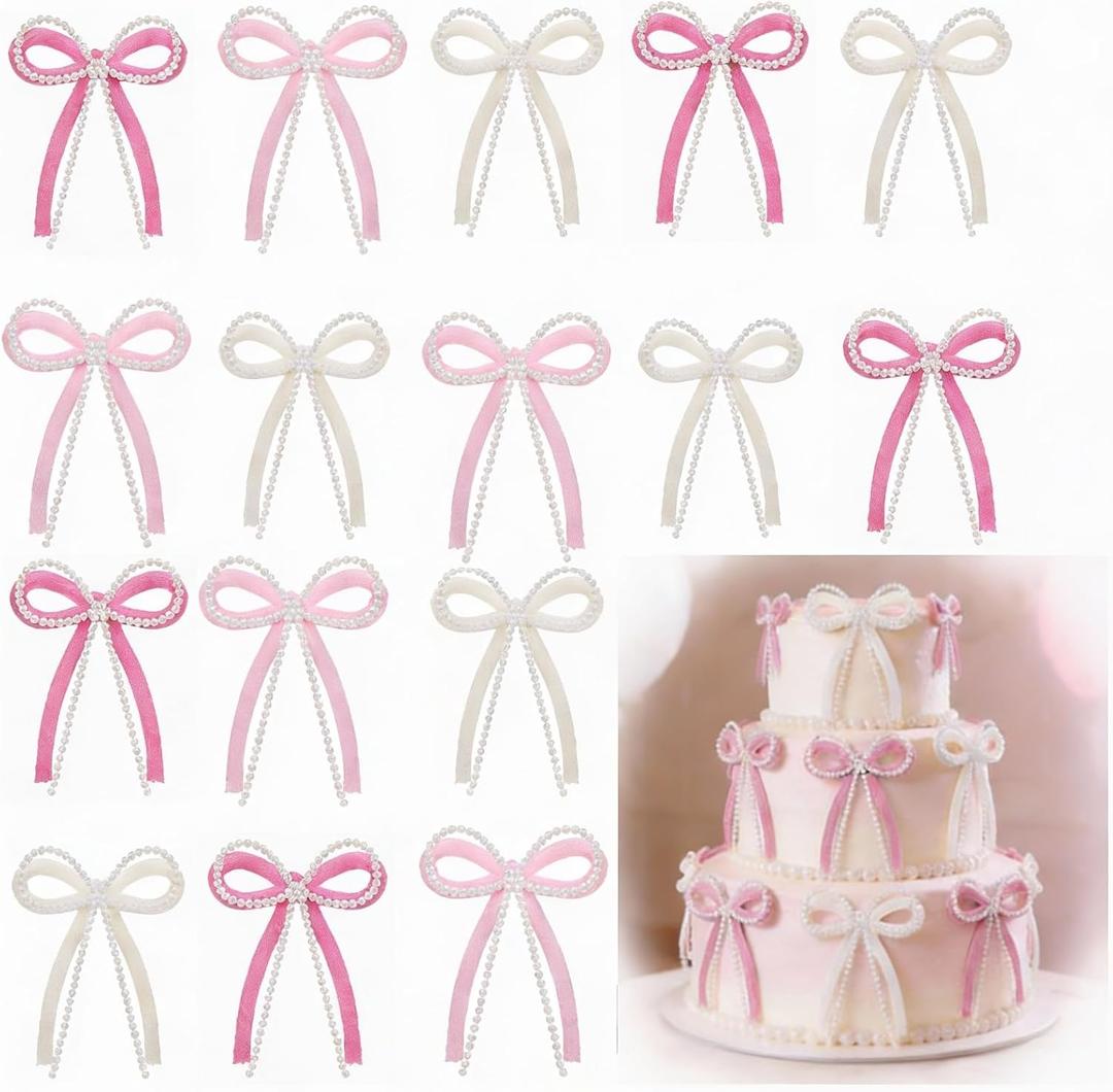 24 Pcs Pearl Bow Cake Topper Bow Dots Cake Decorations Coquette Party Decor Bouquets Decor for Weddings, Birthday, Valentines Day and Party Supplies (Beige, Lotus Pink, Cattleya Pink)