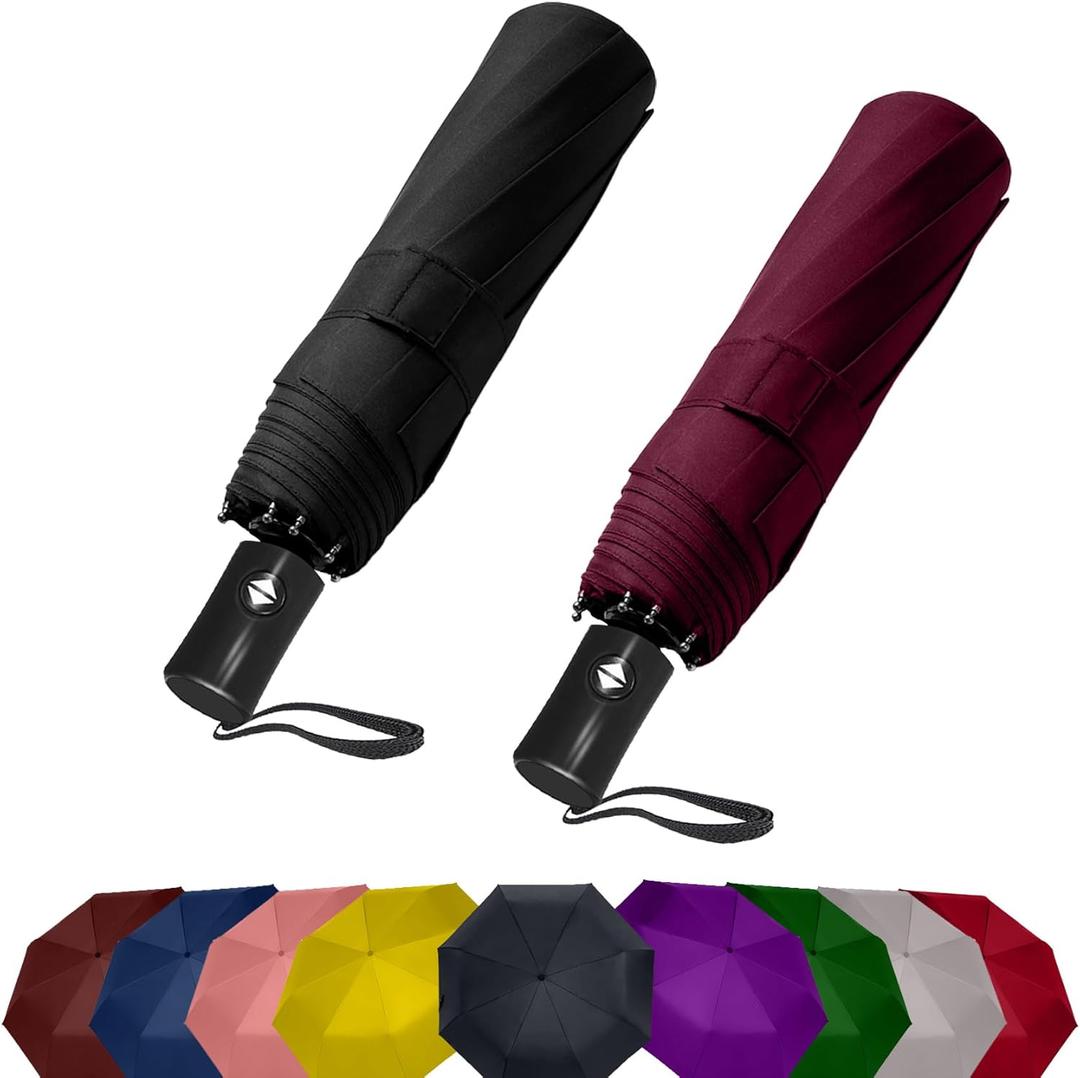 SIEPASA Two Packs Auto Open & Close Small Travel Umbrella Compact for Backpack-Umbrellas for Rain, Lightweight Strong Mini Portable Umbrellas for Men and Women (Black & Wine Red, 2 Pack)