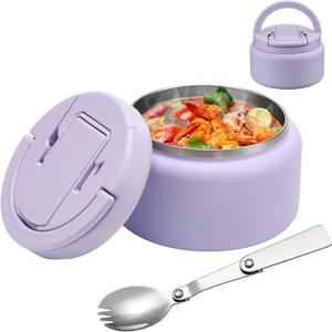 BABHAMNESS 13.5oz Soup Thermo for Hot Food Kids Insulated Vacuum Food Jar with Buckle Lid,Wide Mouth Leakproof Stainless Steel Lunch Container with Spoon-Purple