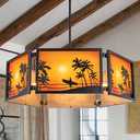 TOCHIC Black Farmhouse Chandeliers for Dining Room 28 Inch, 6-Light Rustic Tropical Sunset Palm Tree Drum Ceiling Light Fixture, Coastal Pendant Light for Bedroom, Living Room, Kitchen Island