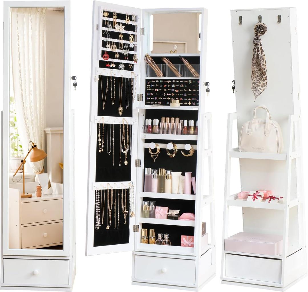 Rotatable Full Length Mirror Jewelry Cabinet Standing With Built-In Mirror - 63.7”H Lockable Jewelry Armoire With Mirror Drawers and 3 Storage Racks Christmas Gift for Wife White