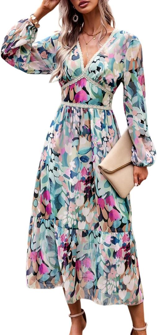 Women's Spring Wrap Maxi Dress Floral V Neck Long Sleeve Wedding Guest Party Casual Chiffon Dress (XX-Large, Green Geometry)