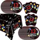 41pcs 13th Red and Black Birthday Party Supplies,include 20 Dessert Plates, 20 Napkin and 1pcs Tablecloth,Used for 13th Red and Black Party Decoration