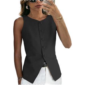 Women's Linen Waistcoat Slim Fit 5 Button V-Neck Dressy Suit Vest (Large, Black)