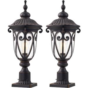 24 Inch Large Post Light Fixture with 3in Pier Mount, 2 Pack Bronze Post Lamp for Yard, Outdoor Pole Lantern with Seeded Glass, Aluminum Outside Lights for Garden Patio Driveway Pathway
