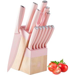 Knife Set, 14-Piece Kitchen Knife Block Set Dishwasher Safe with Wood Block,Sharpener,Non Stick Sharp Stainless Steel Chef Knife Sets,Gift for Cooking Women (Pink)