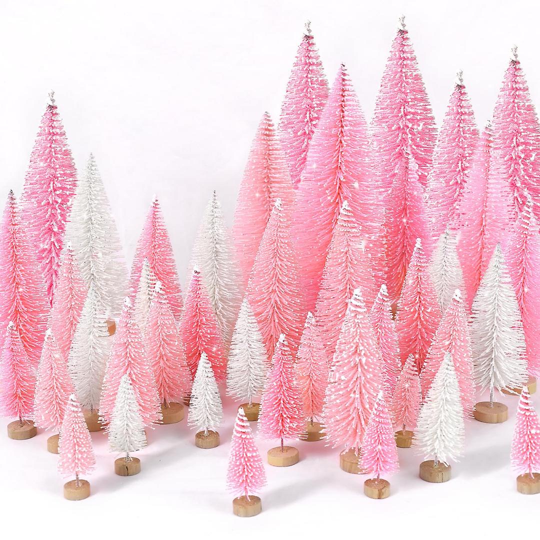 30Pcs Mini Christmas Trees Artificial Christmas Tree Bottle Brush Trees with Wooden Base for Christmas Decor Christmas Party Home Table Craft Decorations(Pink+White)