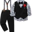 WESIDOM Toddler Boy Clothes Suit Formal Dress Shirt+Bowtie+Vest+Boutonniere+Suspender Pants Boys Gentleman Outfits Set (4-5T, Black)