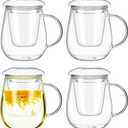 Tioncy 4 Set Glass Tea Cup with Infuser and Lid 16.9 oz Clear Glass Mug with Strainer and Lid Simple Filtration Loose Tea Cup for Brewing Blooming Bag
