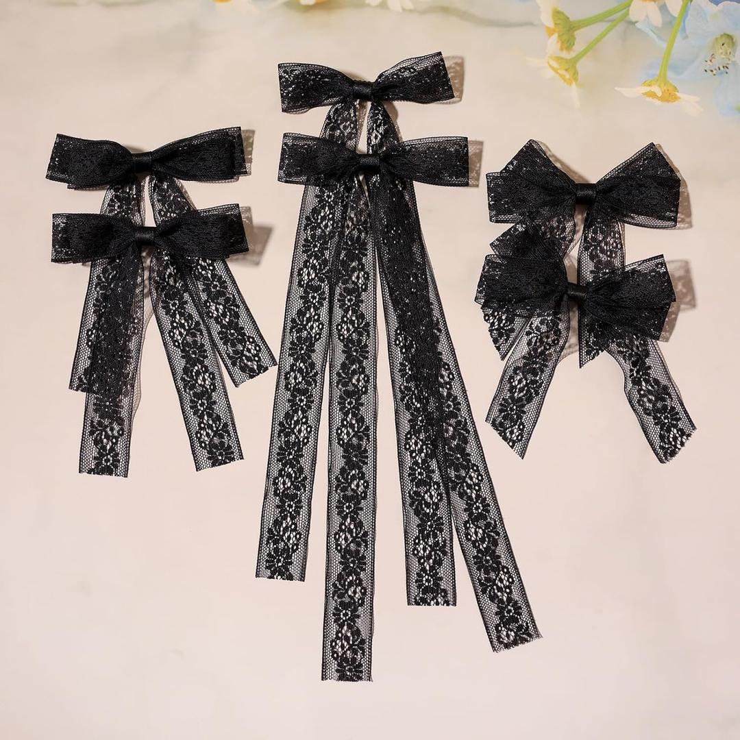 Hair Clip Bows for Women and Girls, 6Pcs Black Lace Tulle Bows with Long Tail Ribbon, Metal Bow Hair Clips, Bowknots Tassel Hair Barrettes