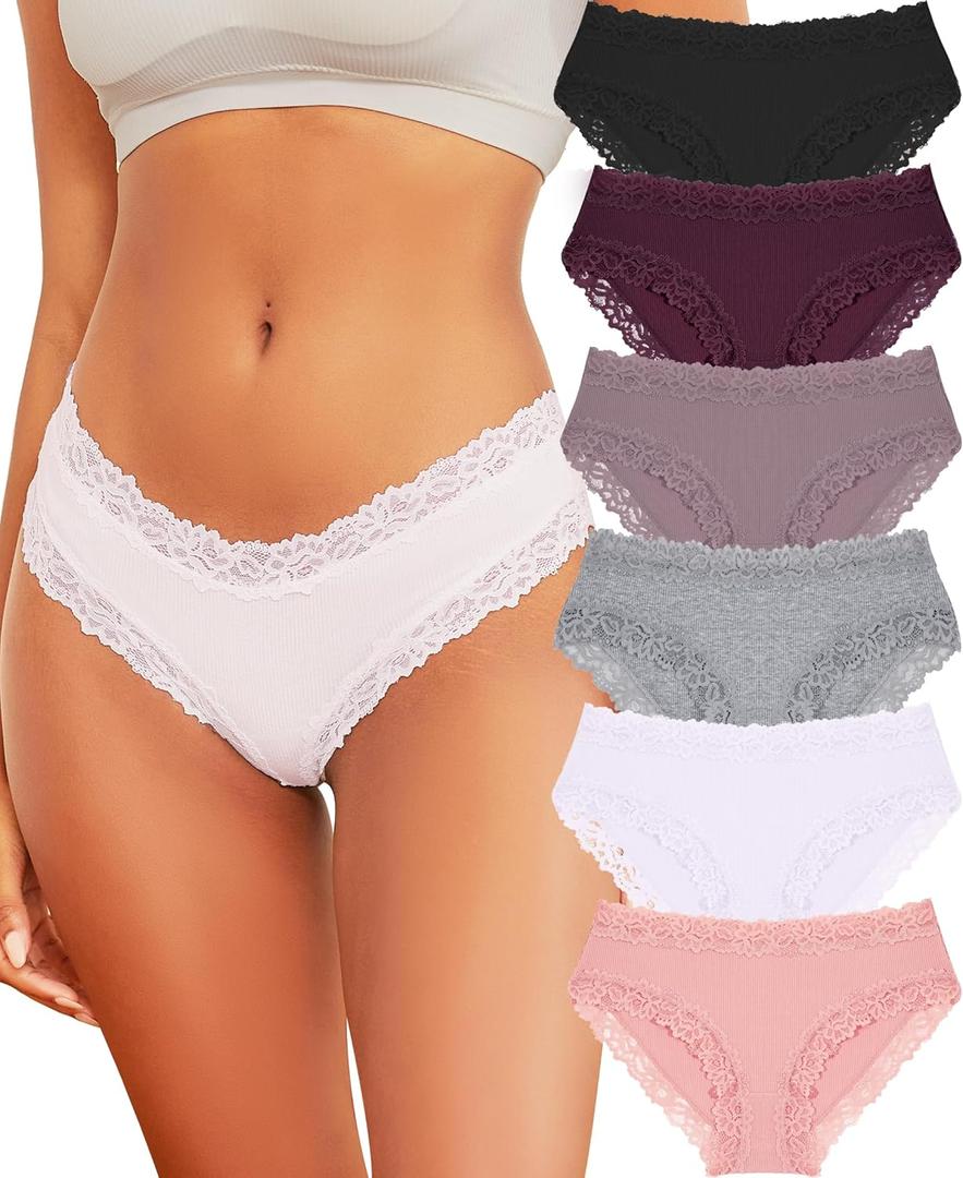 FINETOO Womens Underwear Cotton Bikini Underwear for Women Lace Wasit Hipster Panties Soft Breathable Briefs 6 Pack (Medium, A 6 Pack (Black*1 White*1 Pink*1 Purple*1 Grey*1 Khaki*1))