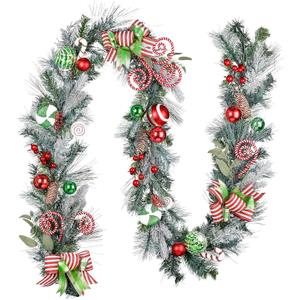 Valery Madelyn 9 Feet Pre-Lit Christmas Garland with Lights for Mantle, Lighted Outdoor Xmas Garland with Elf Red Green White Balls for Home Stairs Fireplace Table Centerpiece Indoor Holiday Decor