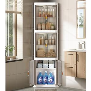 Farmhouse Tall Storage Cabinet Organizer Plastic Bathroom Corner Shelf with 3 Doors and Adjustable Shelves Home Space Saver for Kitchen,Living Room,Laundry RoomDining Room,Quick Assembly, White 